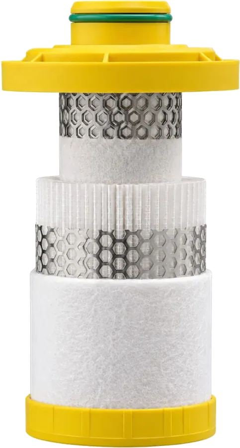 Cut-away of an OCP coalescing line filter element: neck with O-ring, support sleeves, microfibre media and the drain sock